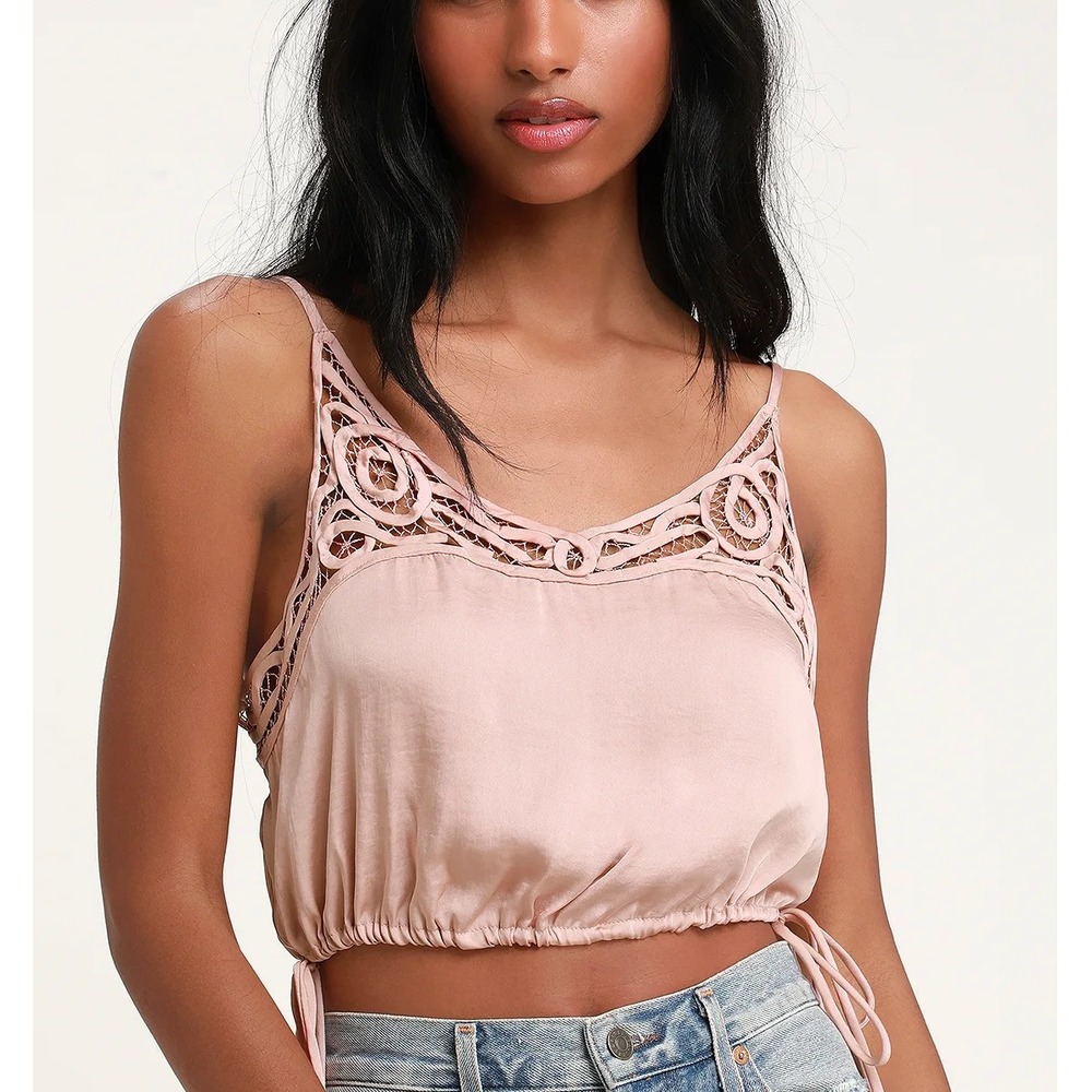 Intimately Free People Satin Crochet Crop Cami Women‎ Small Rose Gold